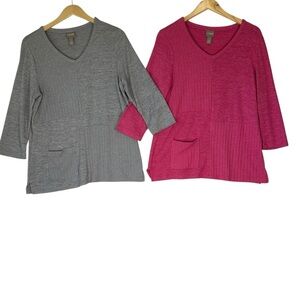 Chicos Women Lot of 2 Tops Sz 1 Solid Pink Gray 3/4 Sleeve Pocket Rayon V-Neck